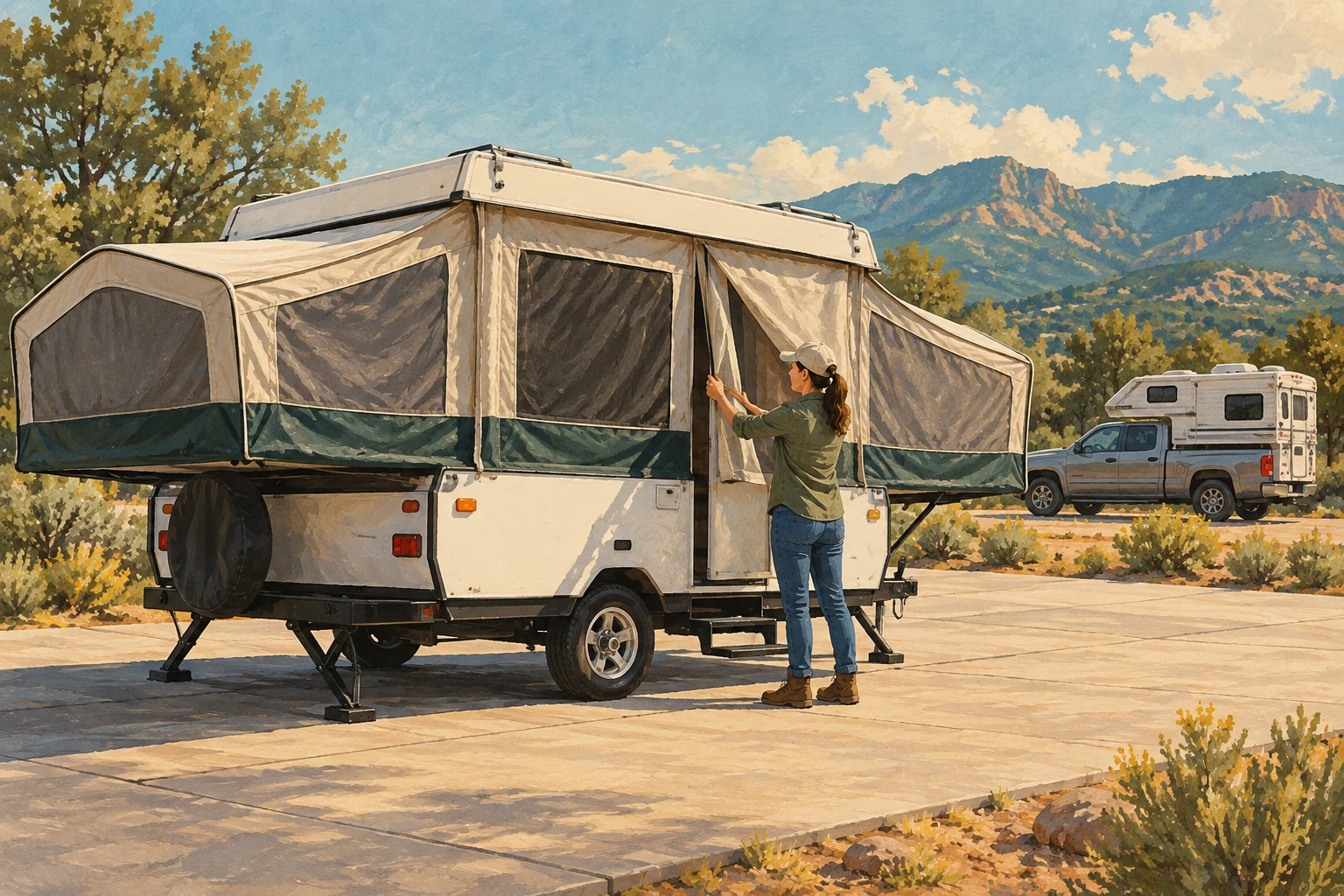 Illustration of an owner inspecting the dry fabric of a raised folding camper before storage.